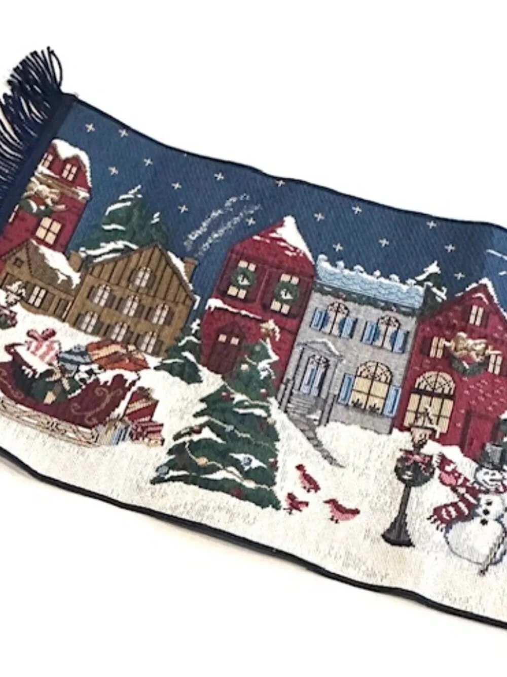 VTG Christmas Table Runner Tapestry Fringe Snowman Winter Village 31